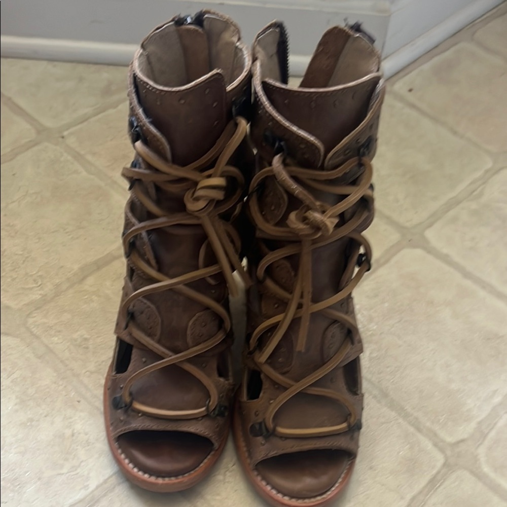 Freebird by Steven Brown Lace-Up Open-Toe Leather Boots
